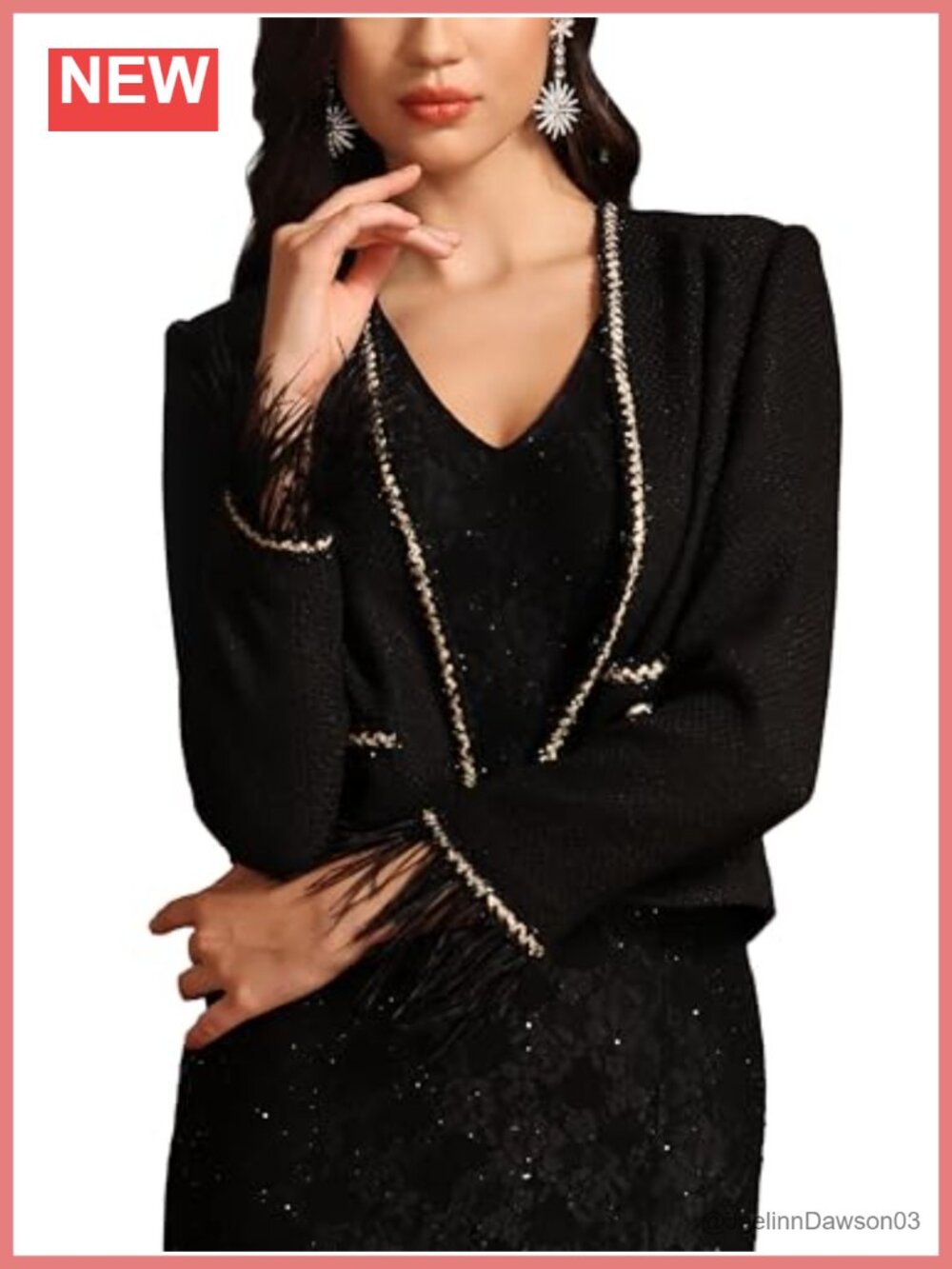 M.Infisavo Tweed Cropped Blazer Feather Trim V-Neck Rhinestone Buttons Pockets